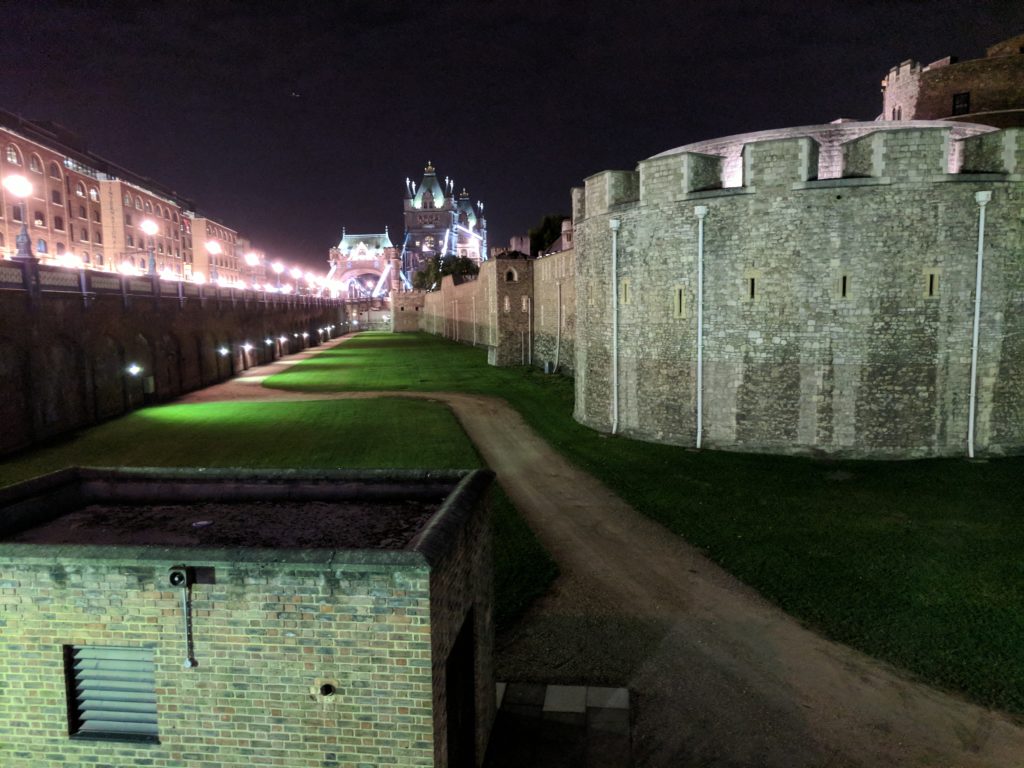 London Tower is easy to walk around at night, and beautiful.  These are the outer walls.