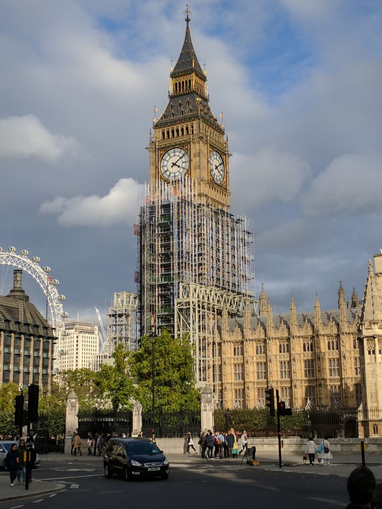 Big Ben is under construction...  There's a large scaffolding surrounding it in this photo.