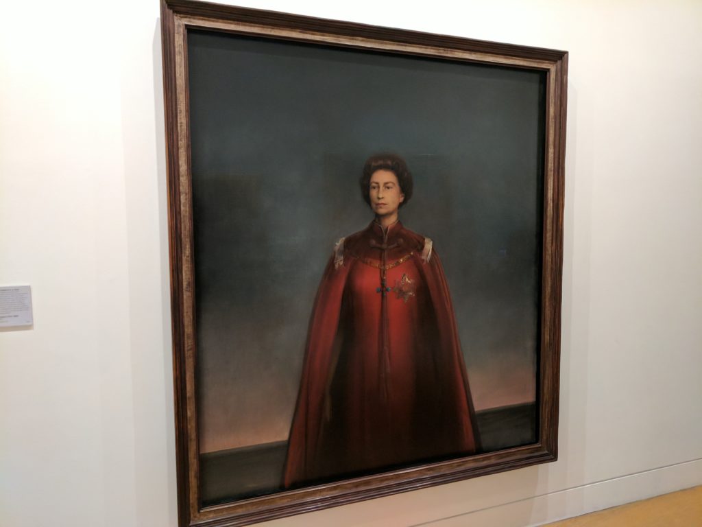 This is Queen Elizabeth II's portrait in the National Portrait Gallery.  The caption explained that she didn't love many portraits of her, but she liked this artist for it, and she liked this portrait.  I agree - it says so much about her.