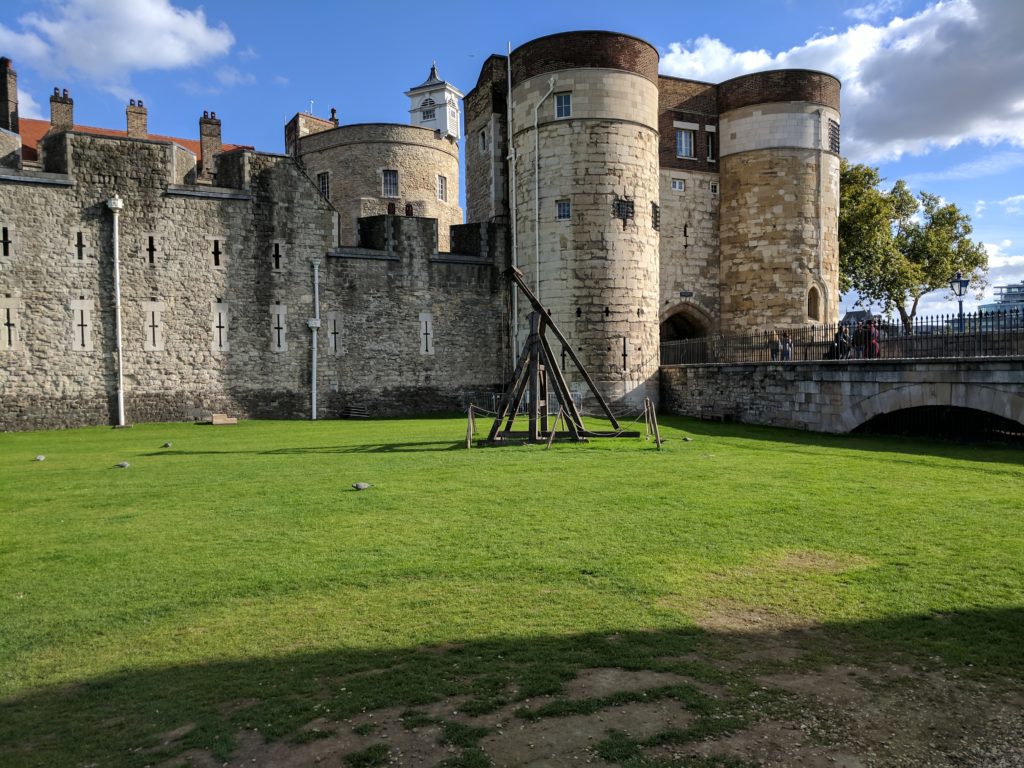This catapult greets you as you enter London Tower.  This photo is down where a moat would have been, but it has been dry for ages.  We saw folks walking their dogs out here on the first night.
