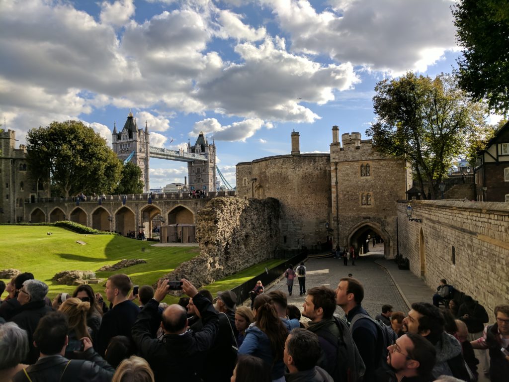 Some of the crowd, and some of London Tower's inside.  The crow cages are down there on the left, and that's Tower Bridge in the background.