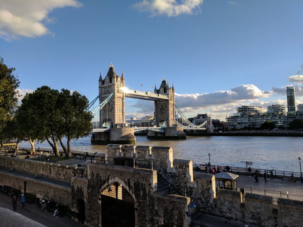 A view of London's Tower Bridge as seen from the walls of London Tower castle