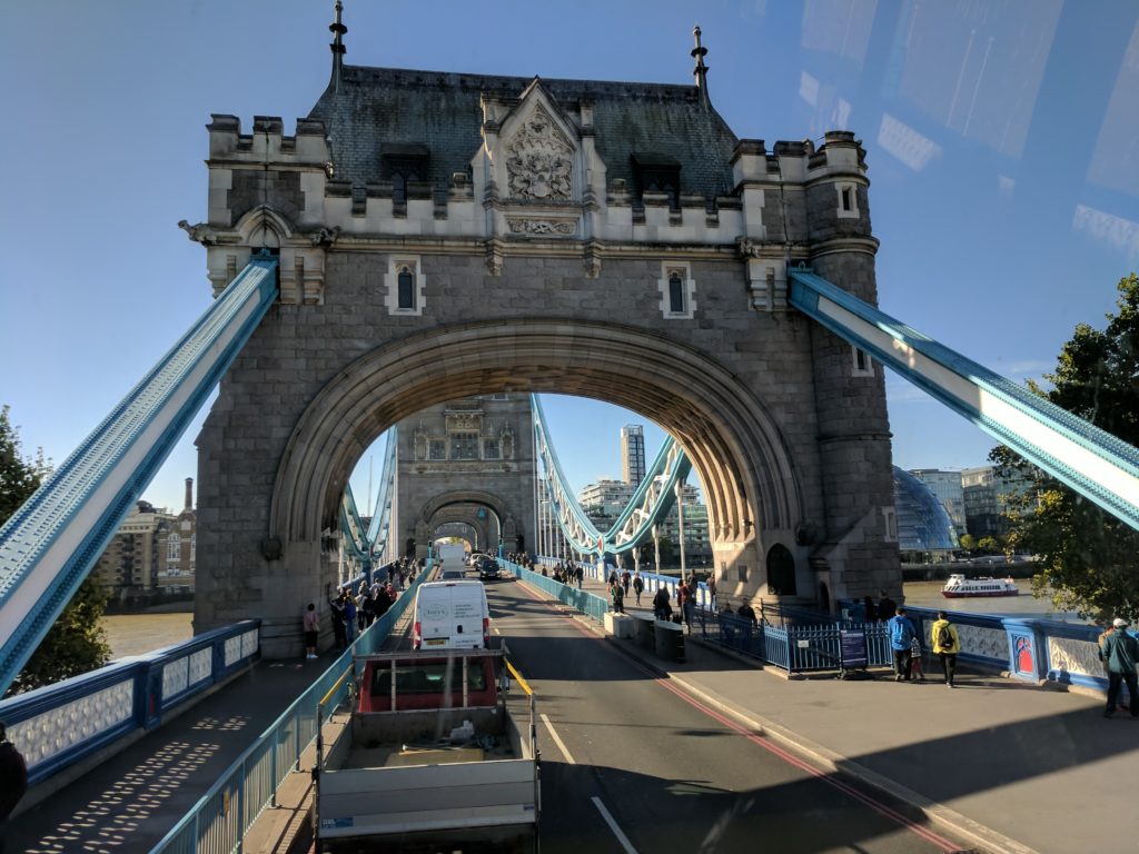 Tower Bridge from the top deck of a city bus.
