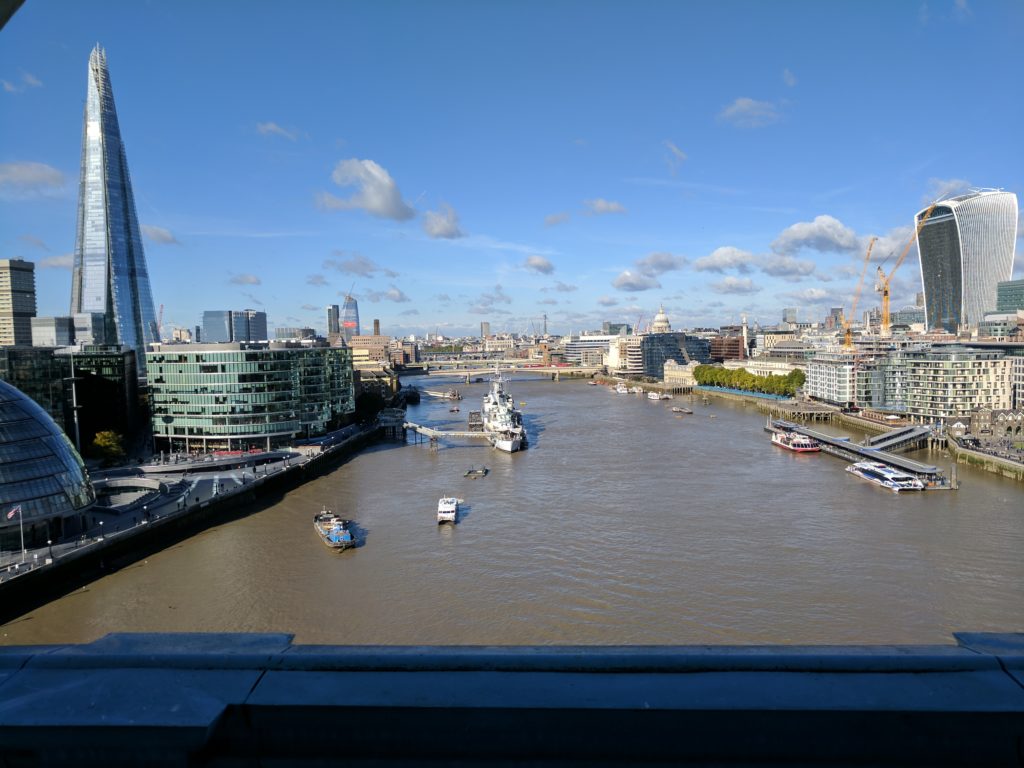 Looking out over the Thames from the observation deck of the Tower Bridge