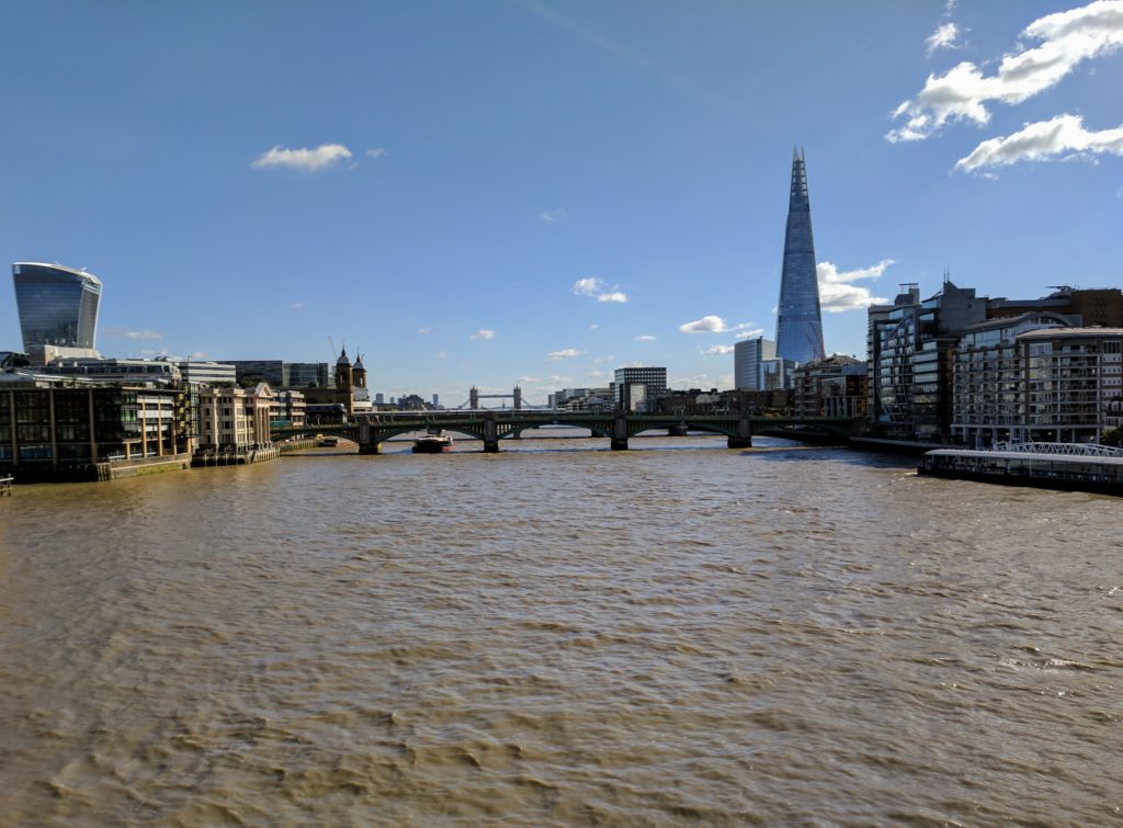 This view is from the Millennium Bridge, looking past Southwark Bridge, London Bridge, and towards Tower Bridge. Millennium Bridge is the cool metal pedestrian bridge...