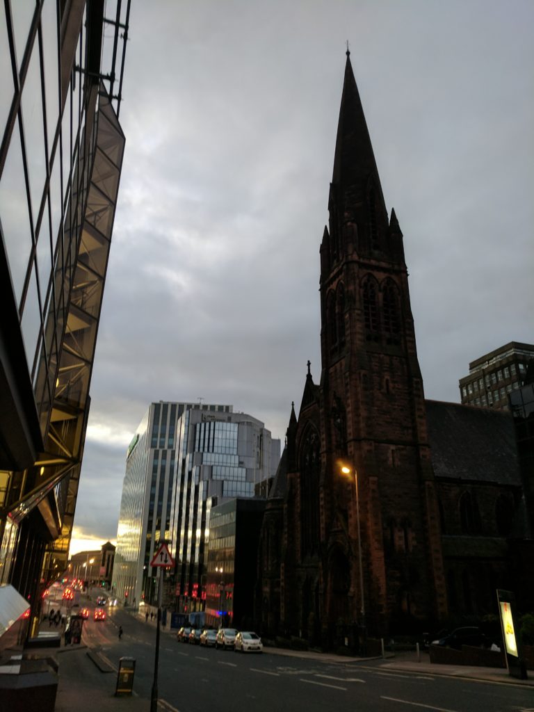 Glasgow is a big city, but it has all these parts that feel like a smaller city.  Little segments with shopping, or business, or punks, or a church.  This is a beautiful old church in downtown.