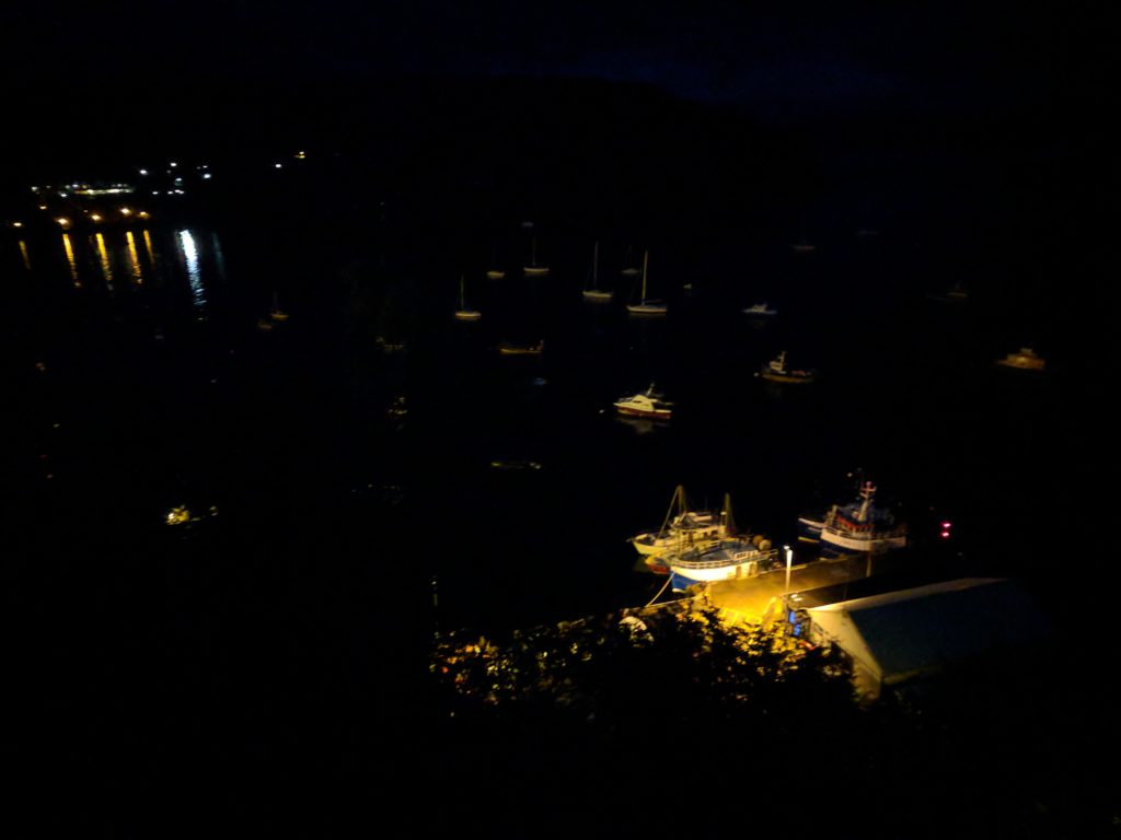 Looking down at Portree from the tower on &quot;The Lump&quot; at night